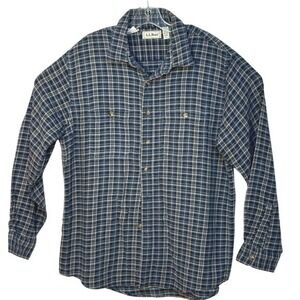 LL Bean Mens Flannel Shirt Blue Tan Plaid Button Up Lumberjack Gorpcore  L